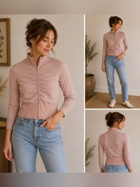 Dex Y2K Pink Ruched Zip-Up Mock-Neck Sweater - Size XS